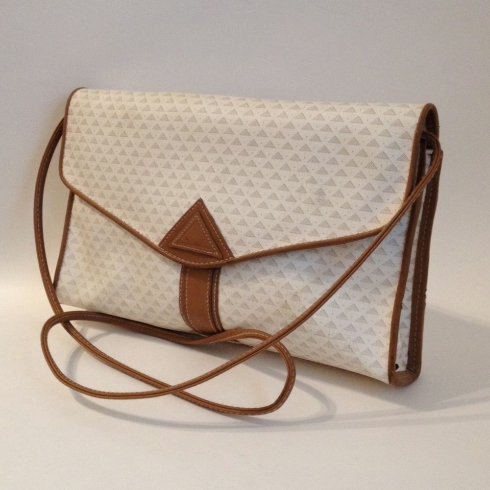 Liz Claiborne Shoulder Bag Purse Handbag Tan Leather Trim Off White Tote Lined